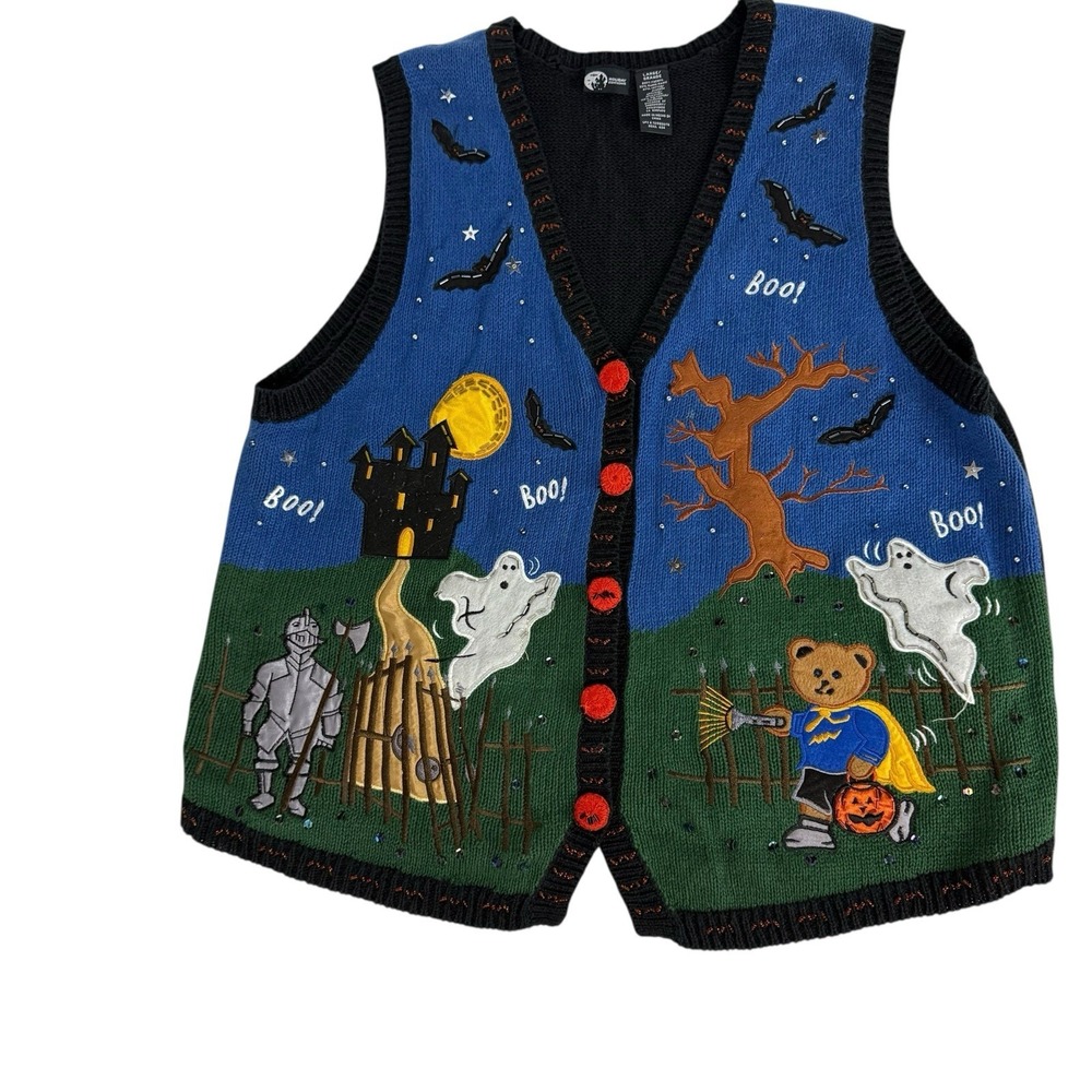 Holiday Editions Halloween Women's Sequin Knit Sweater Sz L Vest 90s Grannycore‎
